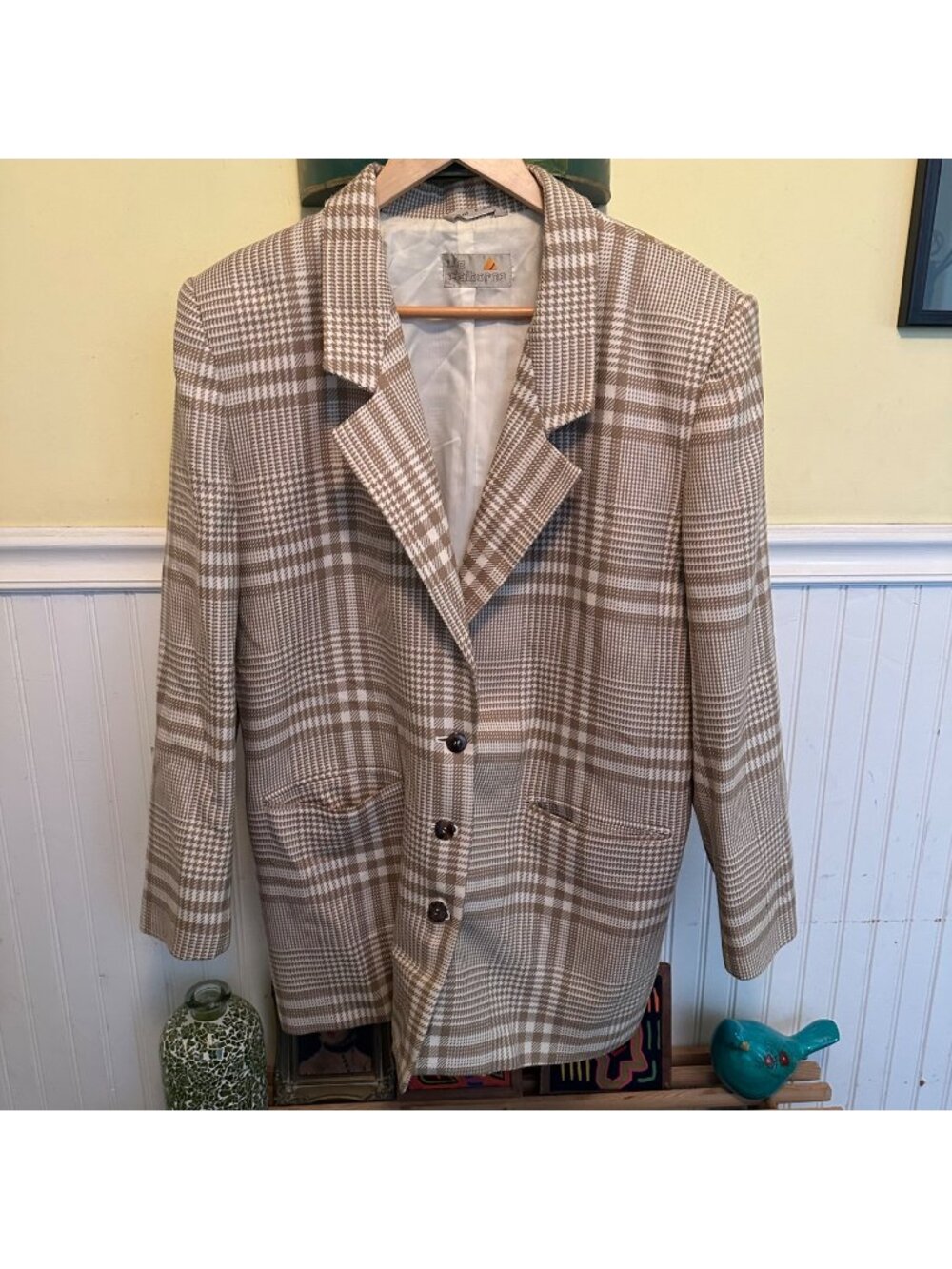 Liz Claiborne vintage 90s Plaid Blazer Jacket  12 Beige/Brown 100% Pure Wool